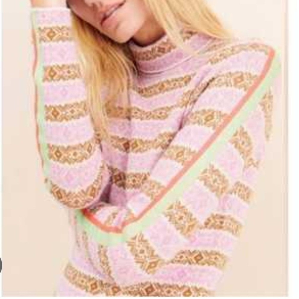 NWT Maeve Anthropologie Pink Fair Isle Turtleneck Sweater Neon Stripe Small